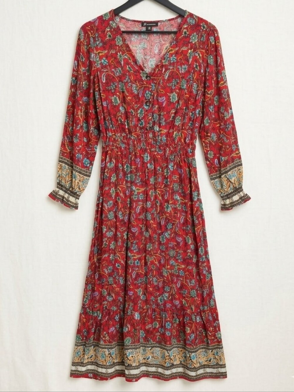 PRETTYGARDEN Long Sleeve V-Neck Casual Button Down Boho Floral Maxi Dress.